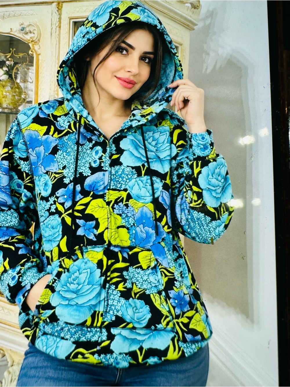100% cotton Life style Floral Zip-Up Teddy Jacket - Blue & Black size 2x